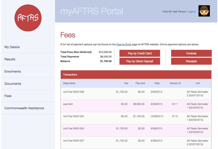 AFTRS student portal showing fees, payment options, invoices, receipts, and transaction history.