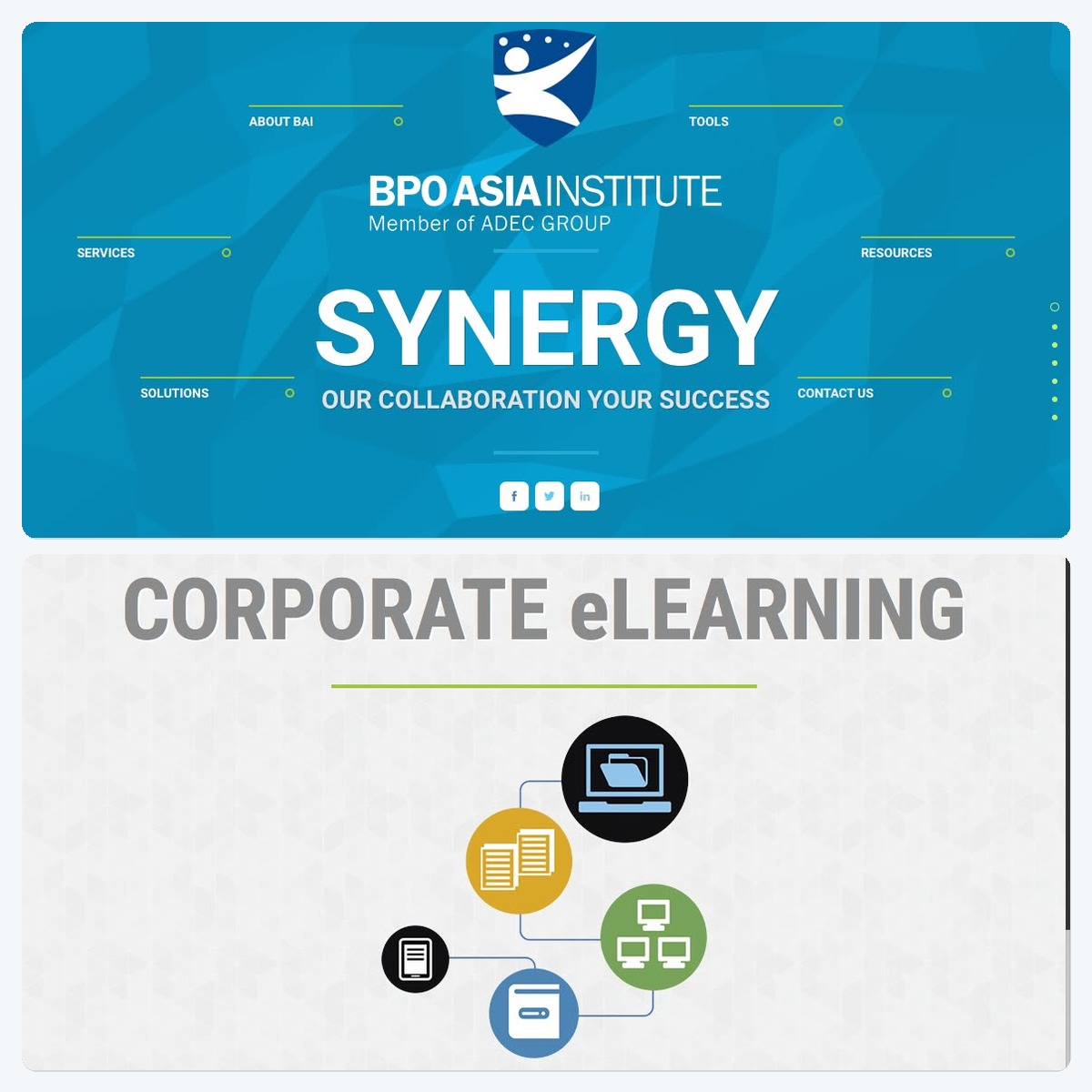 BPO Asia Institute website showing animated synergy and corporate eLearning sections.