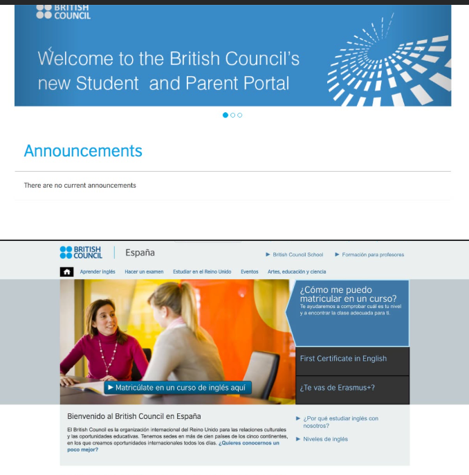 The British Council's new Student and Parent Portal, and a live localized country site (España), part of a global rollout across 26 countries in 24 languages.