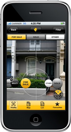 The CommBank Property Guide AR view: live camera overlay tagging surrounding properties as For Sale, Sold or Other, with Reality, Map, List and Favourites tabs.
