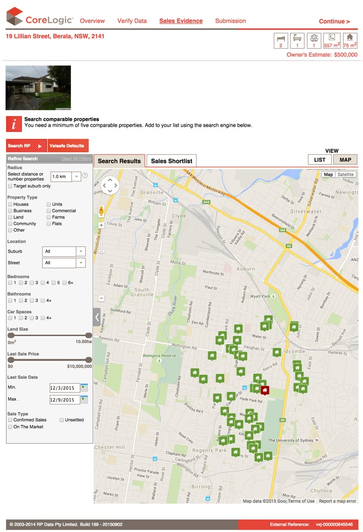 CoreLogic EVR valuation workflow showing comparable property search and sales evidence screens.