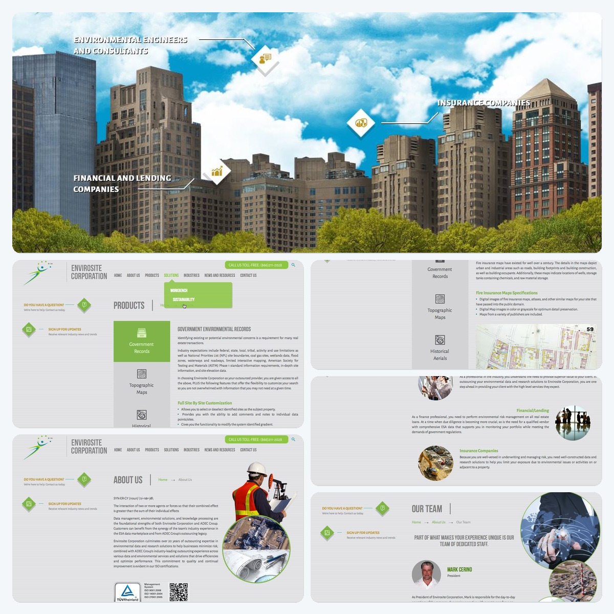 Envirosite website collage showing homepage, products, services, about, and team pages built with ToolTwist Designer.