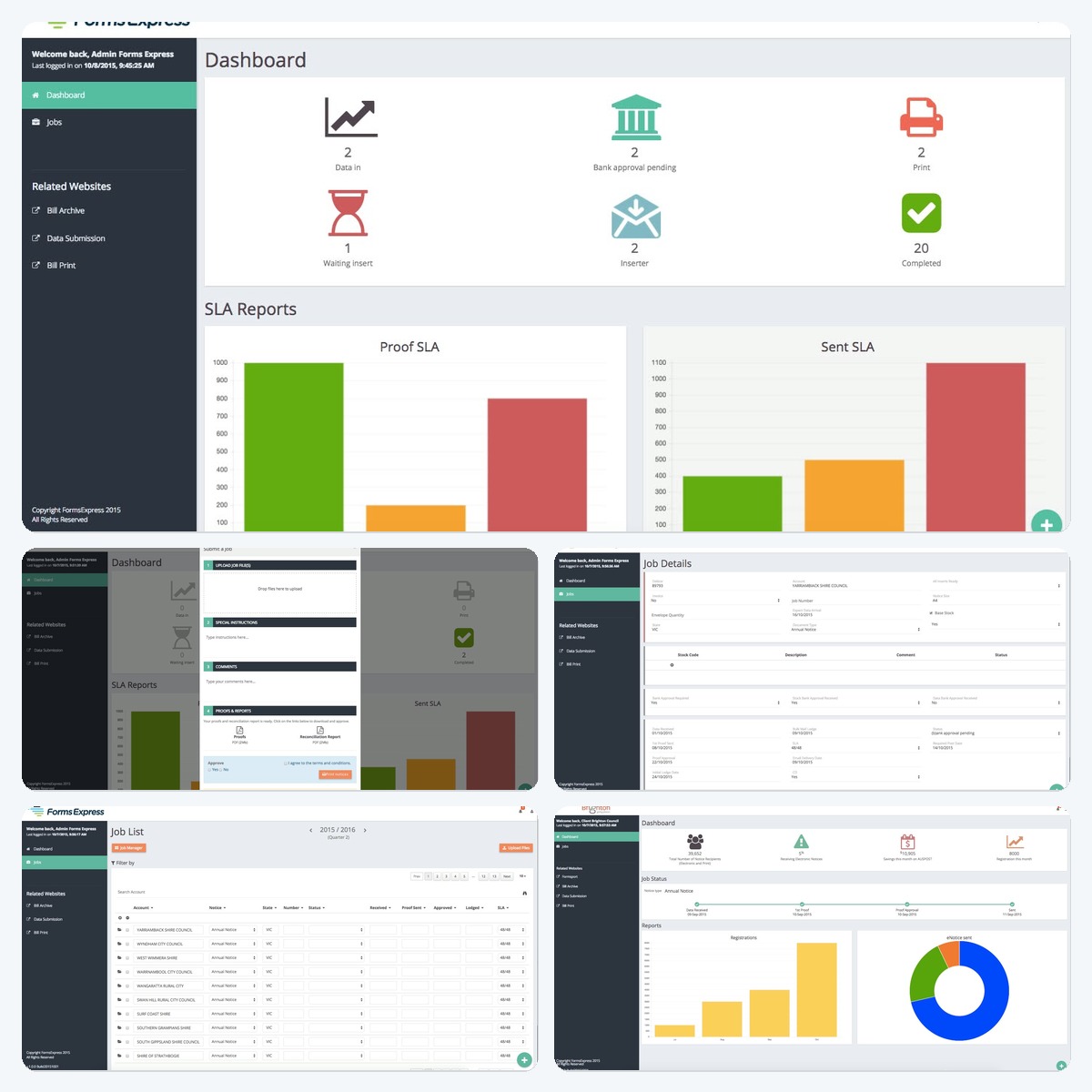 Forms Express eNotice portal showing dashboard, job list, upload, and reporting screens.