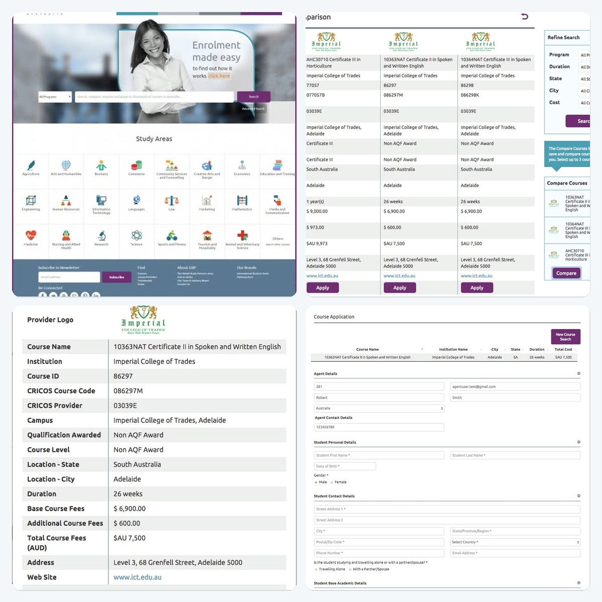 Global Study Partners platform showing course search, comparison, course details, and application flows.