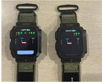 Dual wrist-mounted ESP32 watches showing the LEFT and RIGHT device displays.