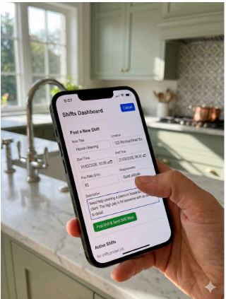 The Job Genie mobile app showing the Shifts Dashboard and a "Post a New Shift" form.