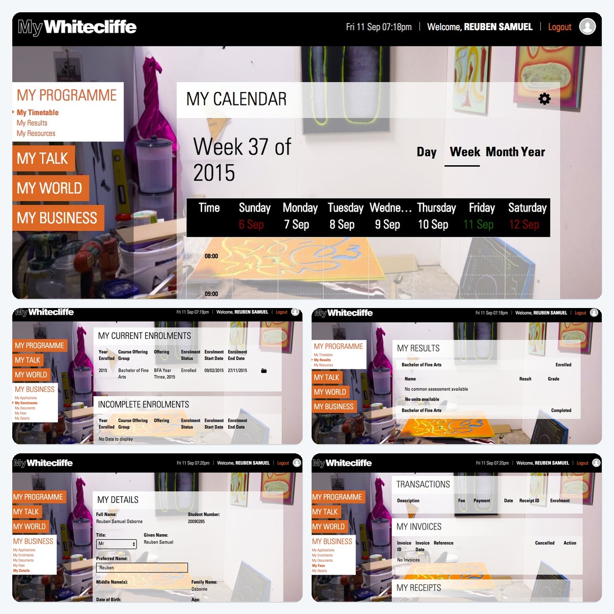 MyWhiteCliffe student portal showing calendar, enrolment, results, personal details, and financial views.