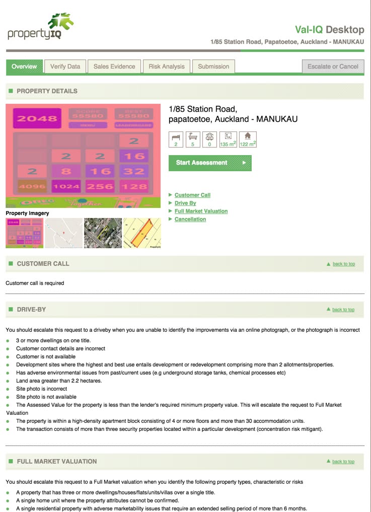 RPData EVR Val-IQ Desktop showing property details, escalation options, and valuation workflow sections.