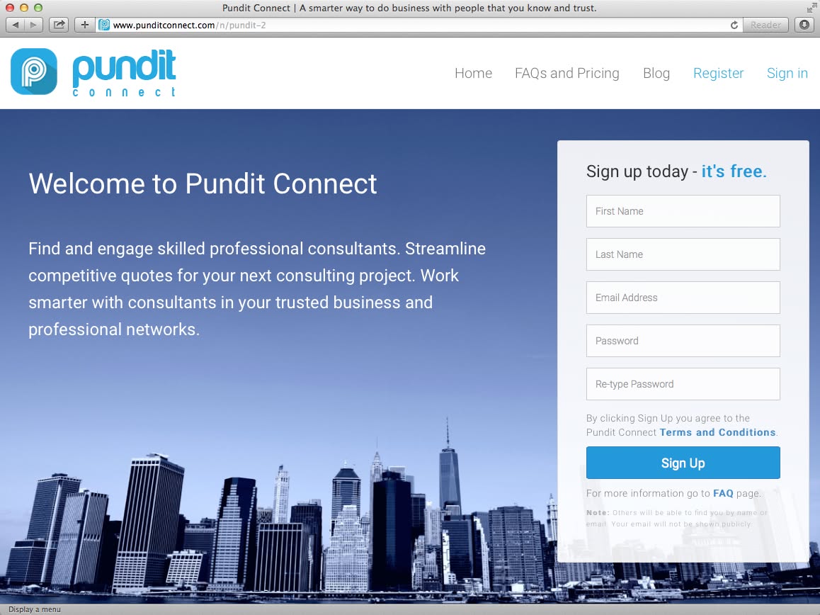 Pundit Connect homepage showing the sign-up flow for finding and engaging professional consultants.