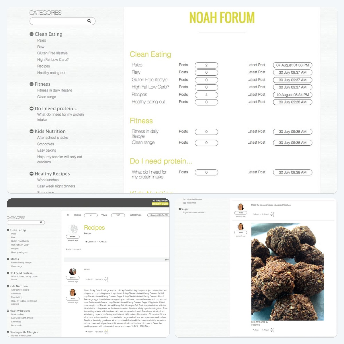 NOAH Forum powered by Saggy showing categories, recipes, discussion threads, and shared recipe photos.