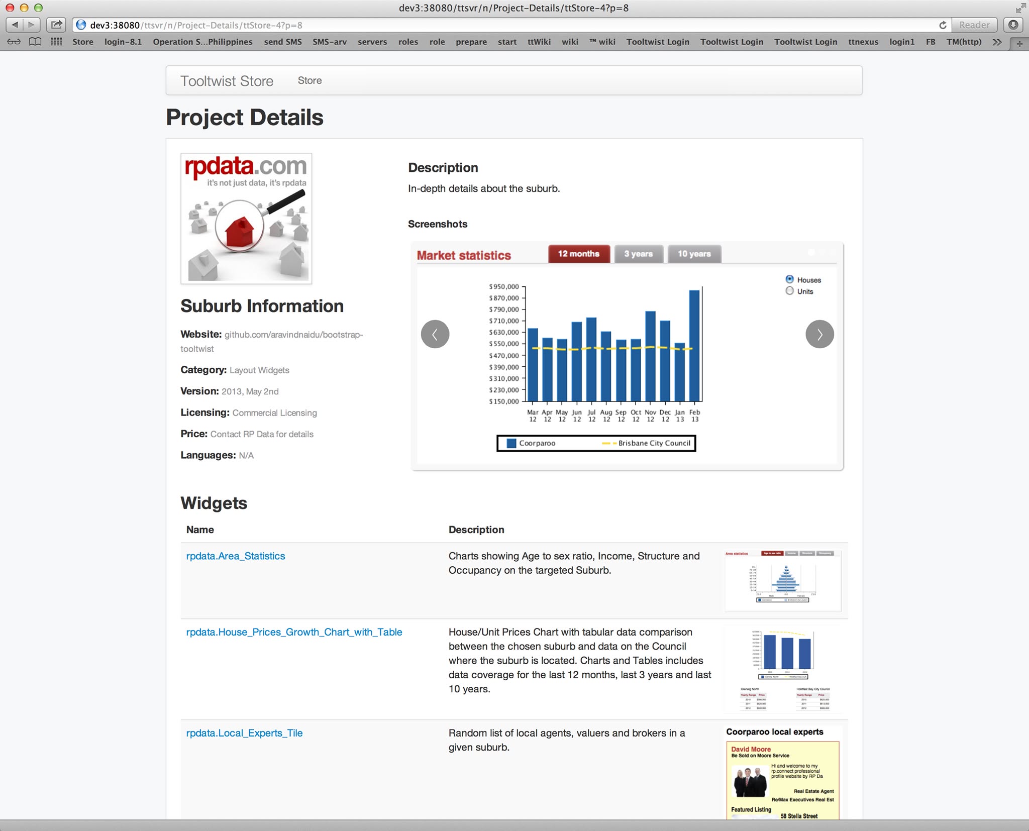 ToolTwist Store project details page showing an RPData suburb information extension and available widgets.