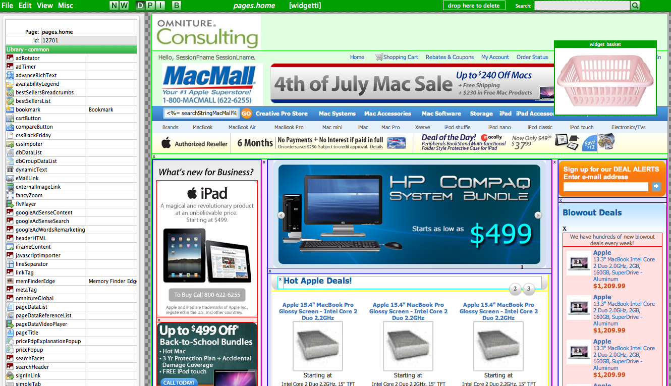 The ToolTwist Web Based Designer: a marketing user lays out a retail mall page in the browser, choosing from a library of widgets on the left and arranging them on the page canvas on the right.