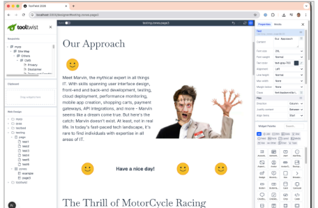 The rebuilt ToolTwist website Designer running in the browser, with a page tree, live canvas, and widget palette.