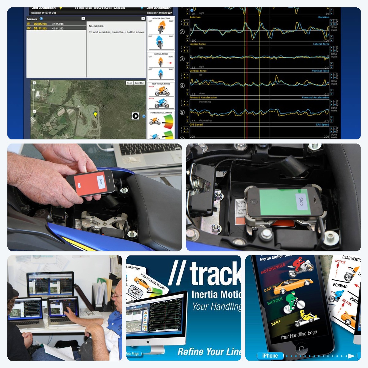 TrackMotion in use: an iPhone mounted on a sportbike recording a session, riders reviewing data on laptops, and the TrackMotion web interface overlaying motion data, graphs, and GPS track.