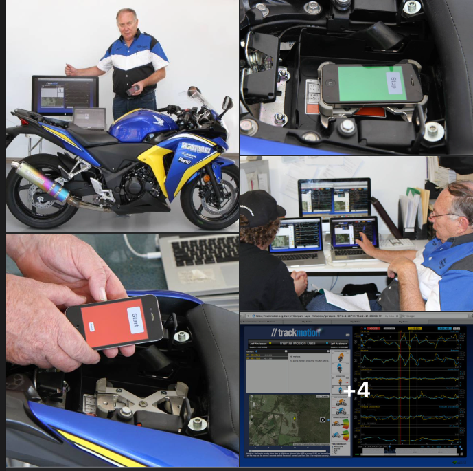 TrackMotion in use: an iPhone mounted on a sportbike recording a session, riders reviewing data on laptops, and the TrackMotion web interface overlaying motion data, graphs, and GPS track.