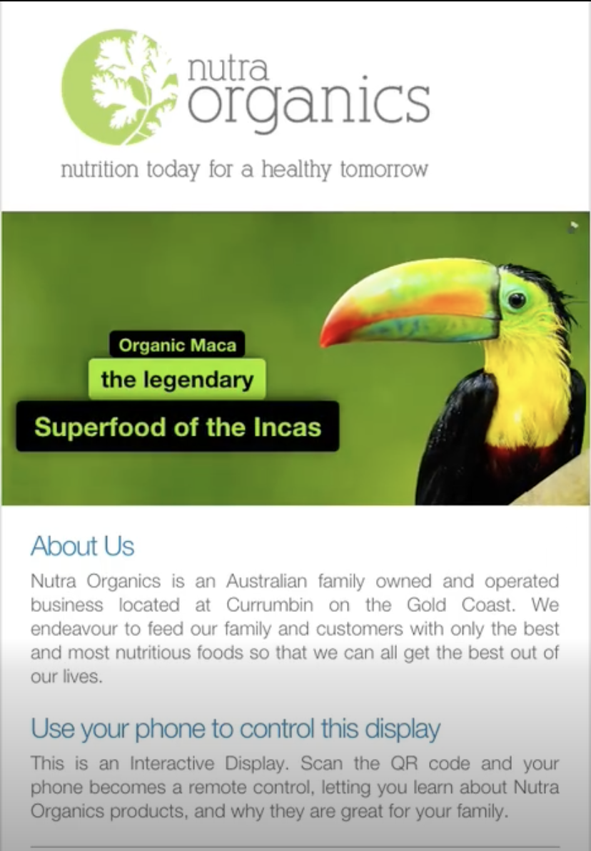 Nutra Organics interactive display idle page using UseMe.tv, showing product content and phone-control instructions.